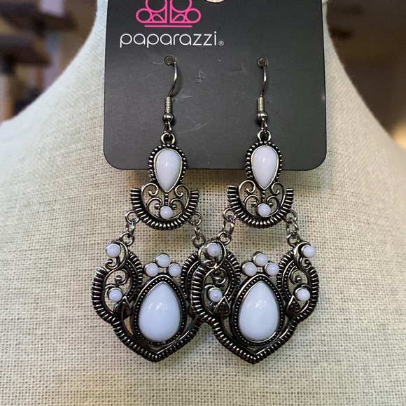 White and Silver Statement Earrings - Picture 1 of 4